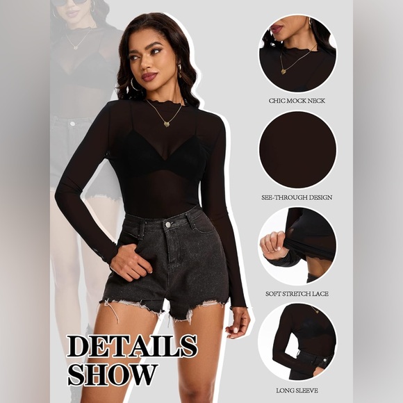Black Sheer Mesh Long Sleeve Top Multiple Sizes - Picture 2 of 8
